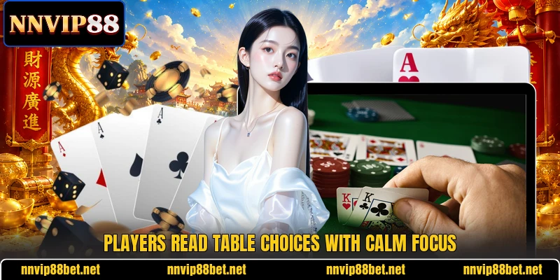 Players read table choices with calm focus Players read table choices with calm focus